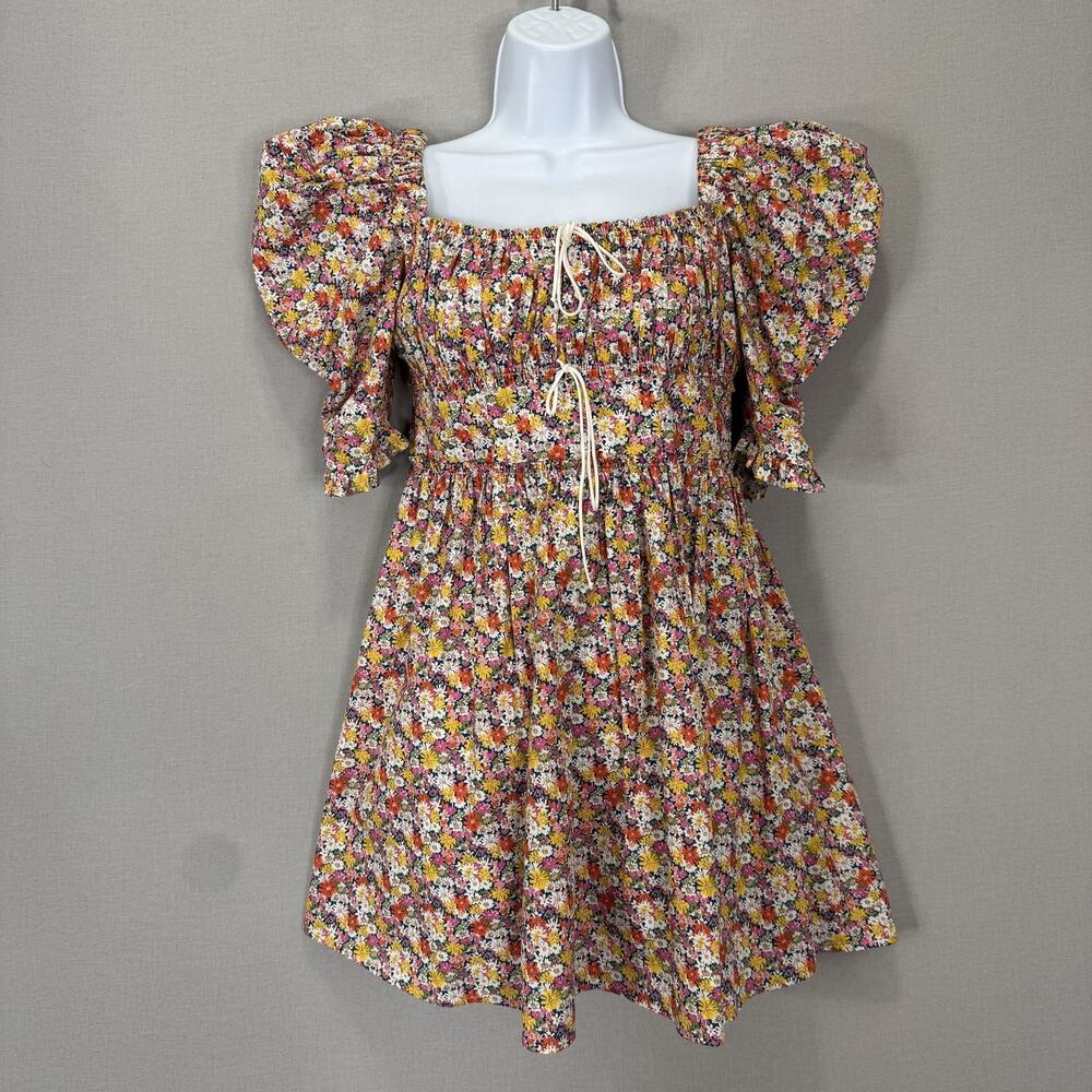 For Love & Lemons Libby Mini Dress‎ Womens XS Pink Floral Puff Sleeve Babydoll - Picture 2 of 13